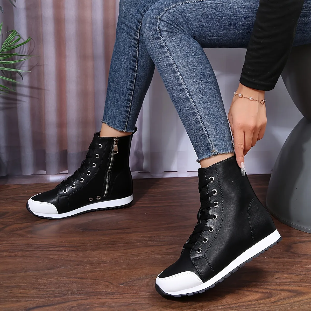Women's Casual Lace Up Side Zipper Sneakers |  Comfortable High Top Shoes