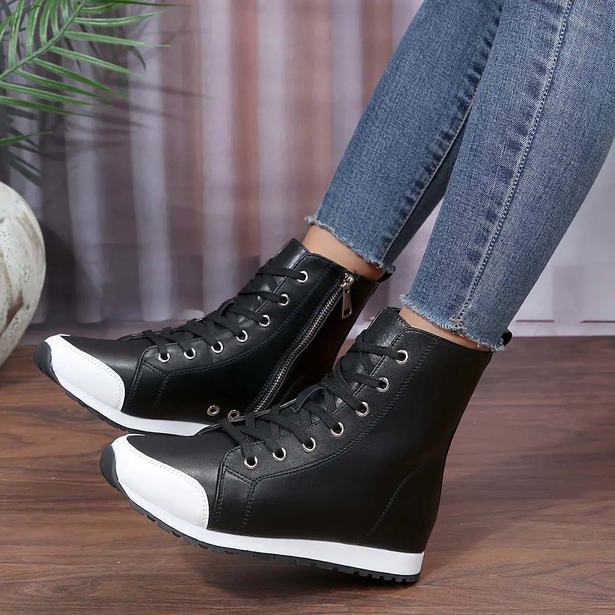 Women's Casual Lace Up Side Zipper Sneakers |  Comfortable High Top Shoes