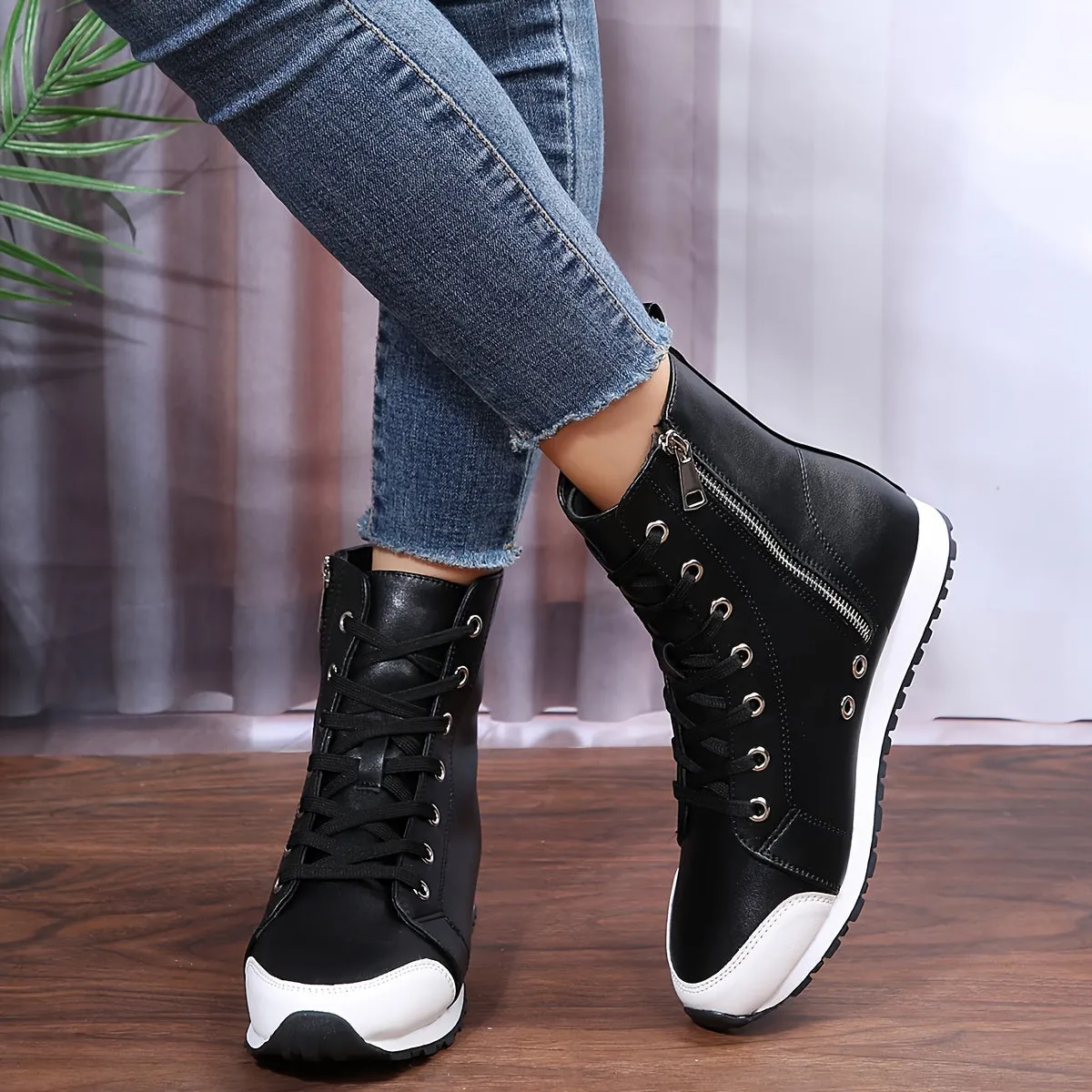 Women's Casual Lace Up Side Zipper Sneakers |  Comfortable High Top Shoes