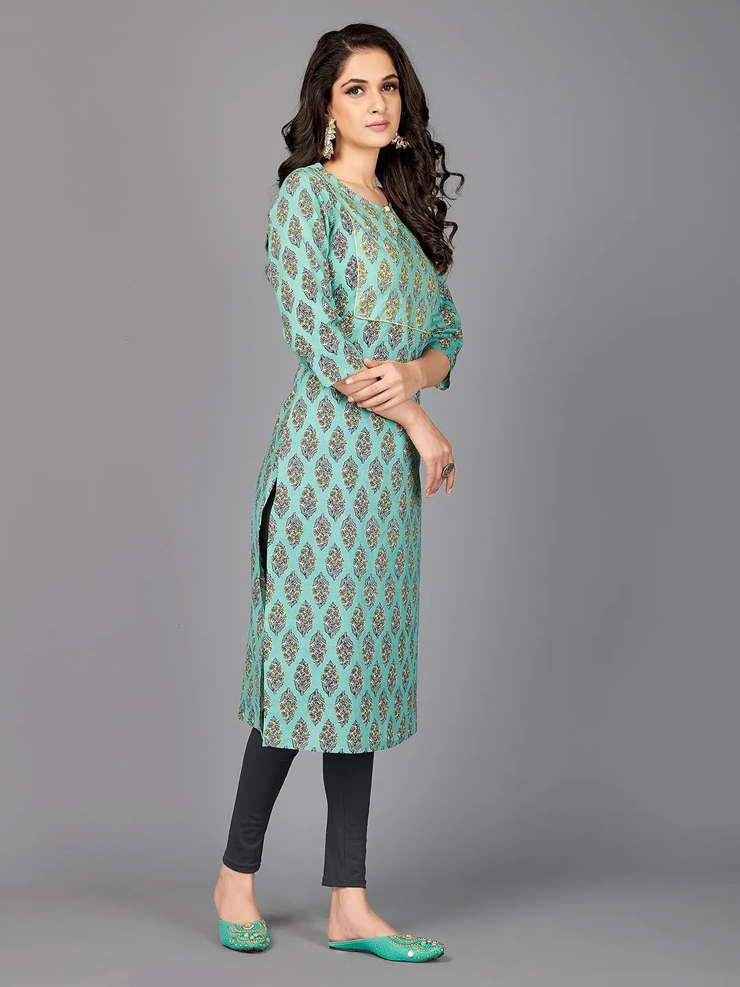 Women'S Floral Print Straight Cotton Aqua Stitched Kurta