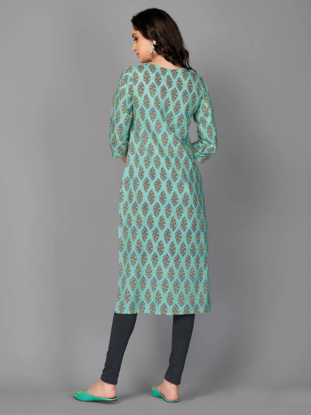Women'S Floral Print Straight Cotton Aqua Stitched Kurta