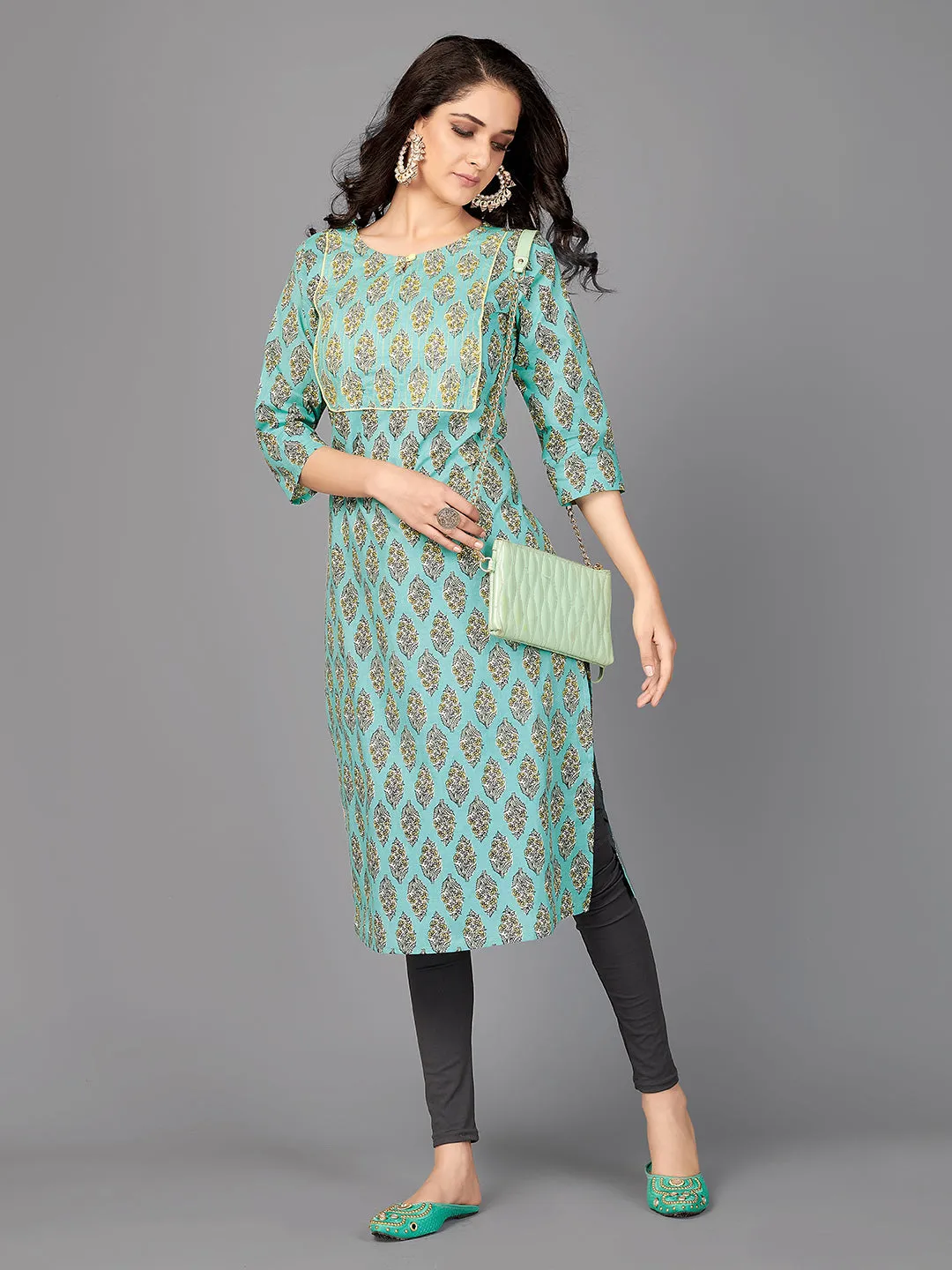Women'S Floral Print Straight Cotton Aqua Stitched Kurta