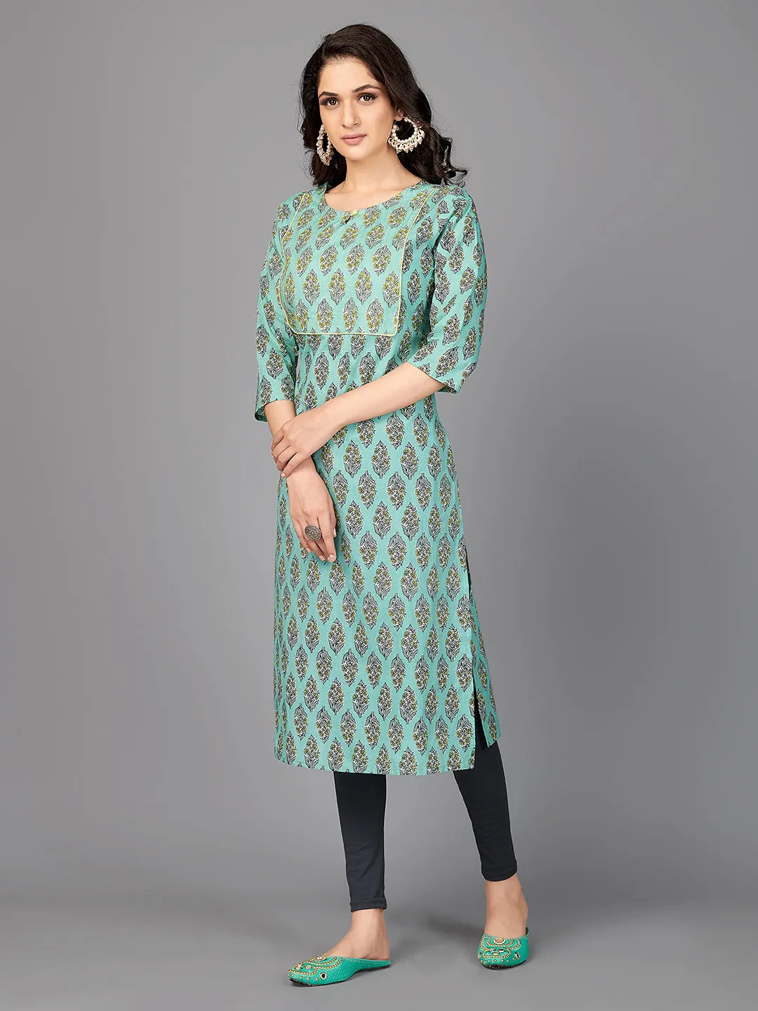 Women'S Floral Print Straight Cotton Aqua Stitched Kurta