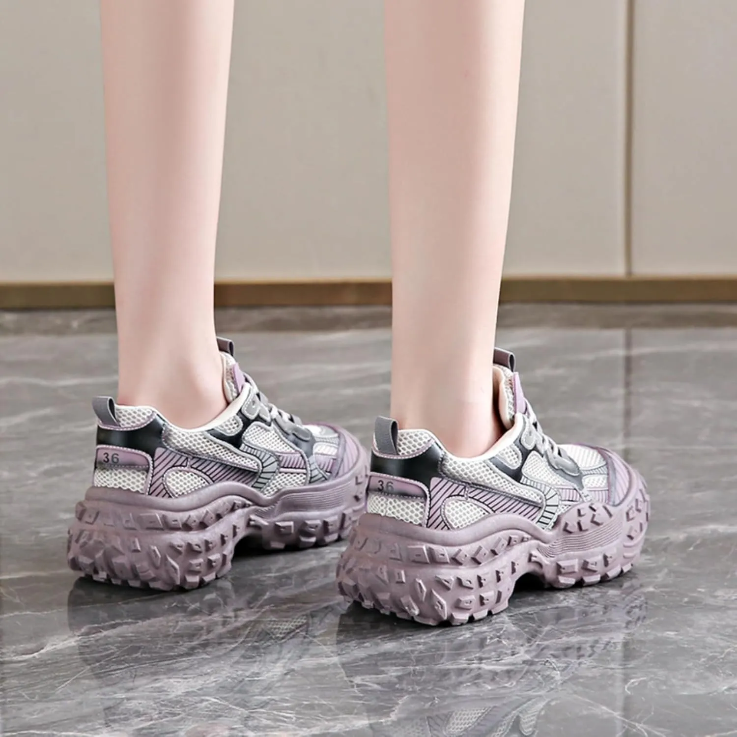 Womens Height Increase Breathable Mesh Lace Up Chunky Sneakers Fashion Platform Non-Slip Shoes Casual Dad Walking Driving Travel Hiking Shoes