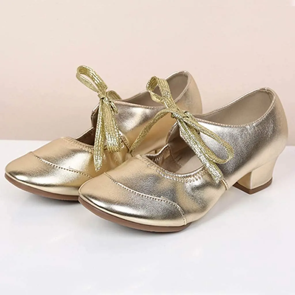 Women's Leather Tap Shoe Latin Dancing Shoes Mid Heel Character Ballroom Wedding Ballet Dance Shoe for Women