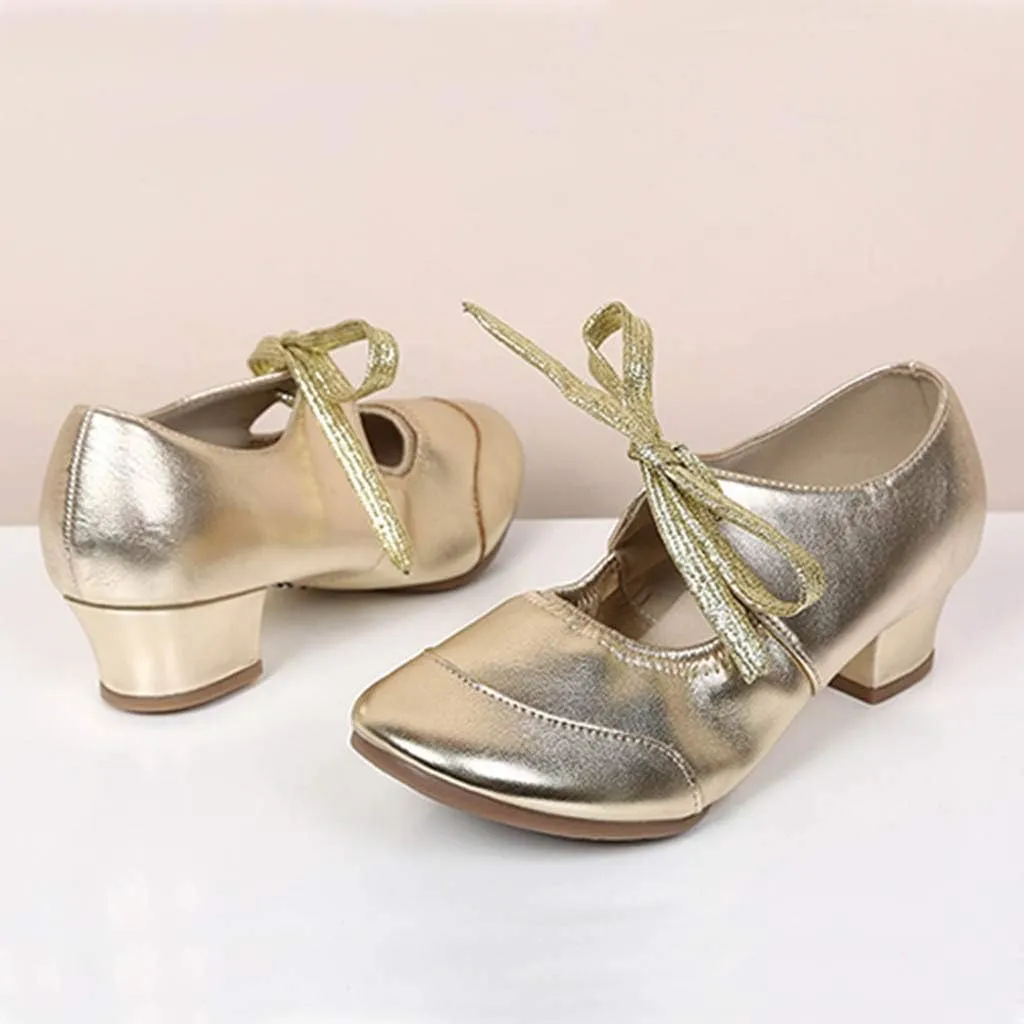 Women's Leather Tap Shoe Latin Dancing Shoes Mid Heel Character Ballroom Wedding Ballet Dance Shoe for Women