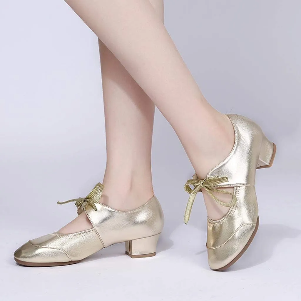 Women's Leather Tap Shoe Latin Dancing Shoes Mid Heel Character Ballroom Wedding Ballet Dance Shoe for Women