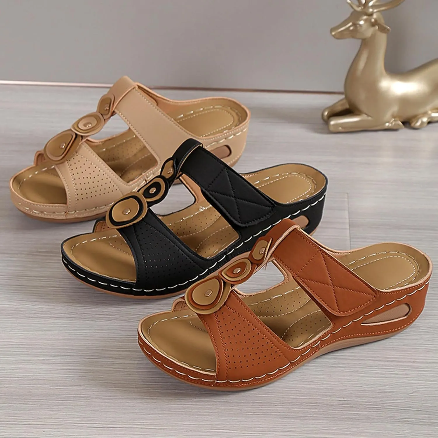 Womens Wedge Sandals Orthopedic Slippers for Women Comfortable Summer Casual Slip on Platform Sandals, Hollow Out Breathable Beach Walking Slippers with Adjustable Buckle