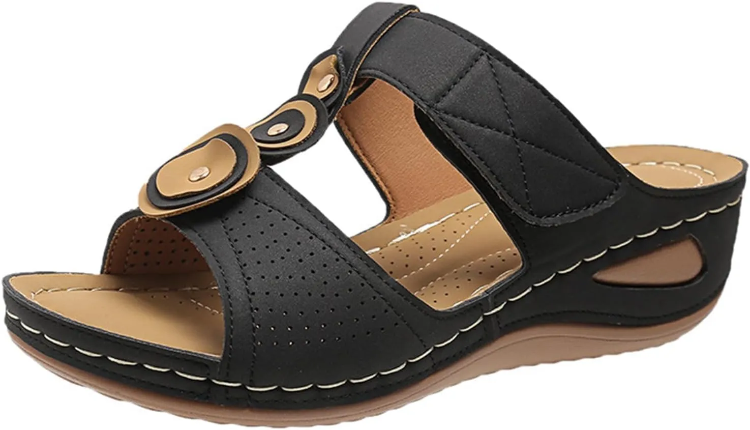Womens Wedge Sandals Orthopedic Slippers for Women Comfortable Summer Casual Slip on Platform Sandals, Hollow Out Breathable Beach Walking Slippers with Adjustable Buckle