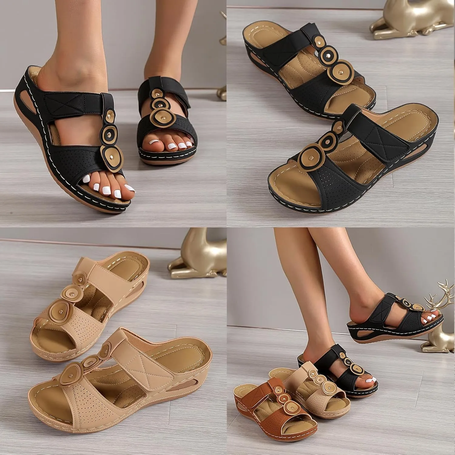 Womens Wedge Sandals Orthopedic Slippers for Women Comfortable Summer Casual Slip on Platform Sandals, Hollow Out Breathable Beach Walking Slippers with Adjustable Buckle
